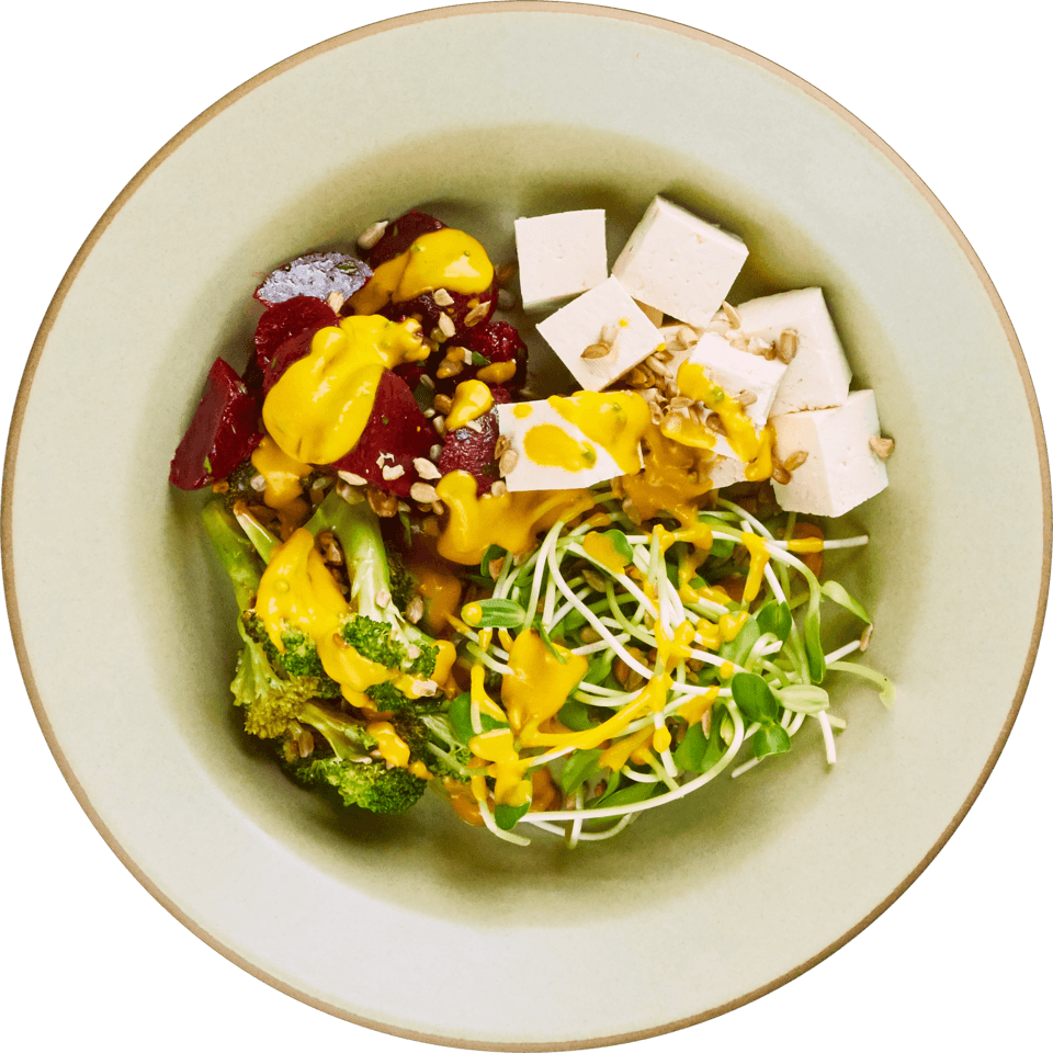 Tofu Mixed Greens Salad with Broccoli Beet Mix & Carrot Ginger Dressing Innit